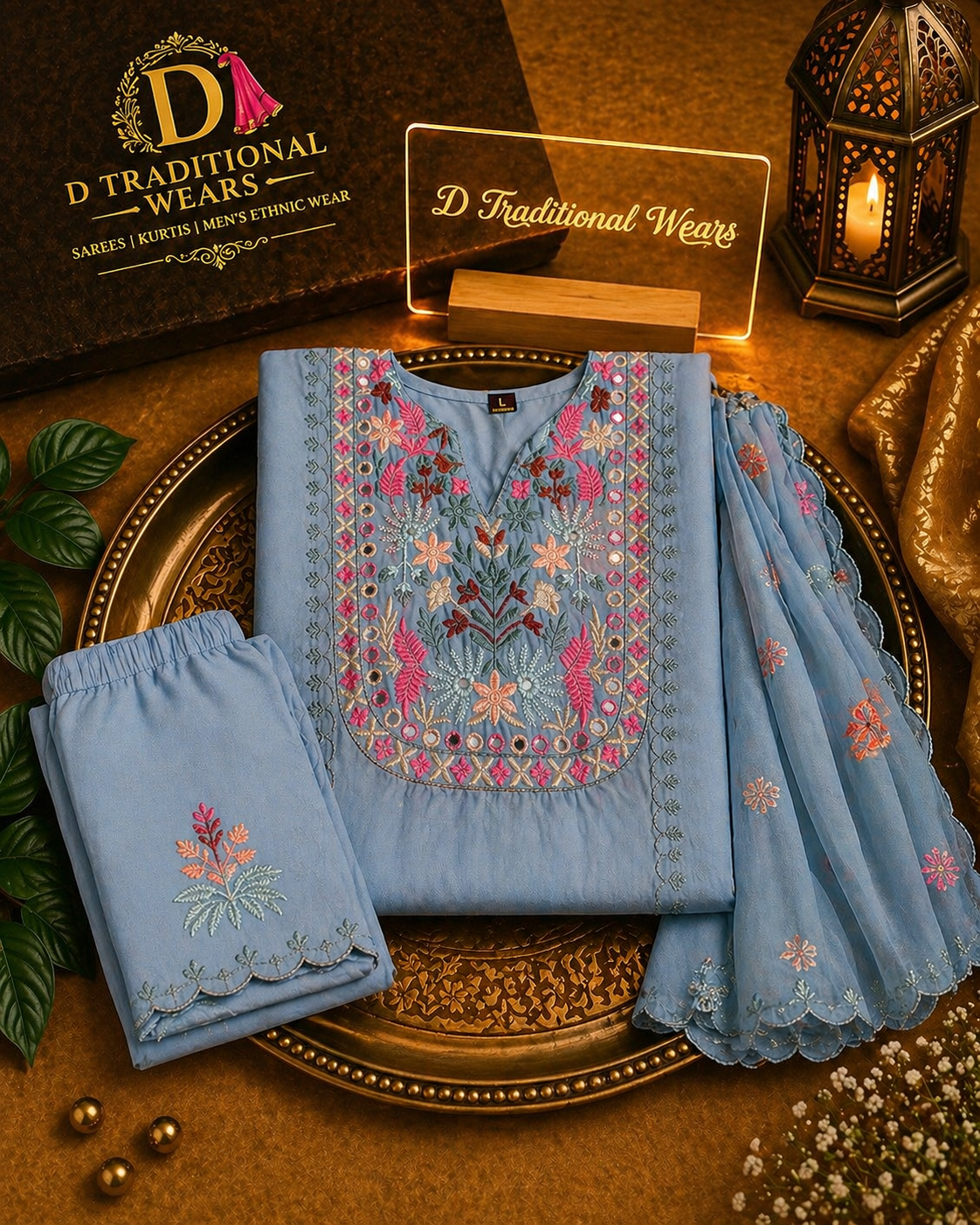 Dusty Blue Embroidered Suit Set
