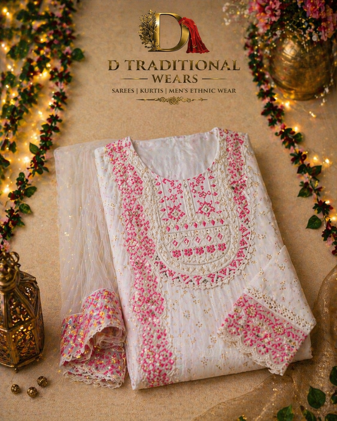 Ivory & Pink Embroidered Anarkali Suit Set