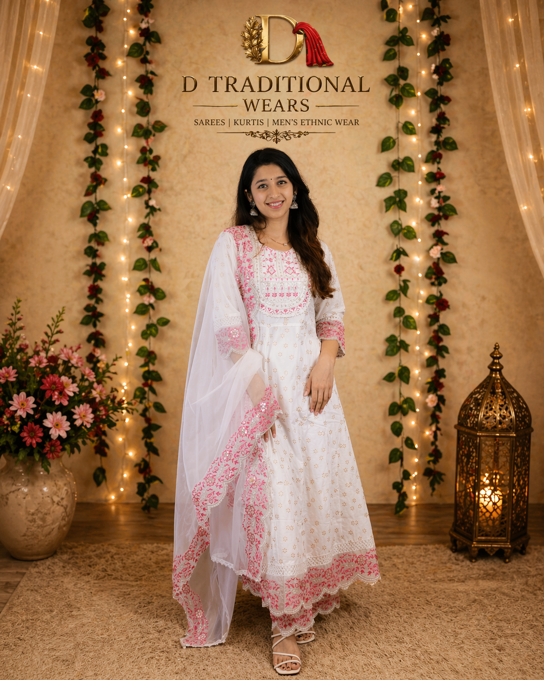 Ivory & Pink Embroidered Anarkali Suit Set