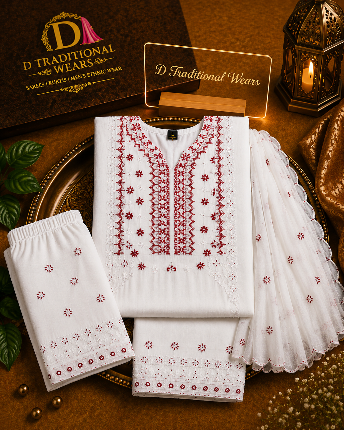 Ivory Blossom Embroidered Kurtha Set