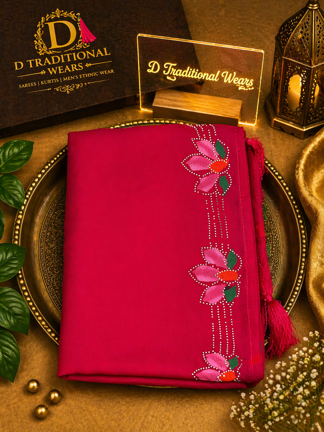 Rani Pink Floral Border Saree