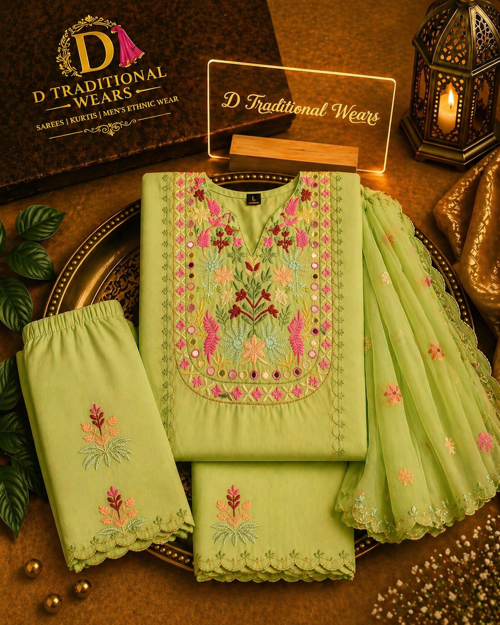 Lime Green Embroidered Suit Set