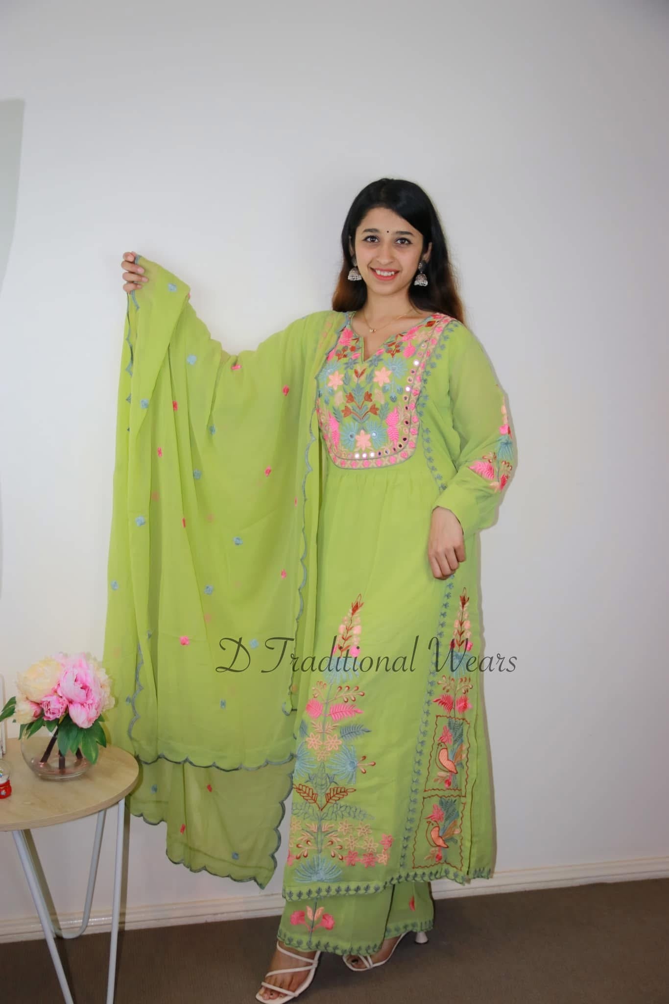Lime Green Embroidered Suit Set